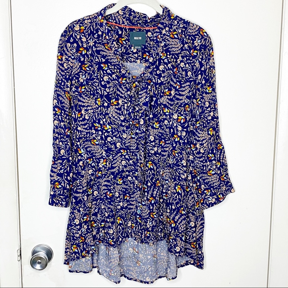 MAEVE ANTHROPOLOGIE Blue Floral Tie Neck Blouse